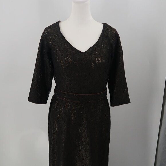David Meister Women's Black 3/4 Sleeve Lace Gown w Nude Underlay Size 6 - Picture 4 of 11